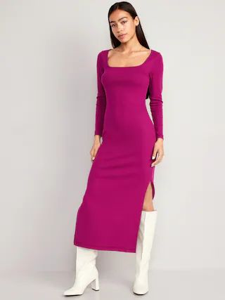Fitted Rib-Knit Square-Neck Midi Dress for Women | Old Navy (US)