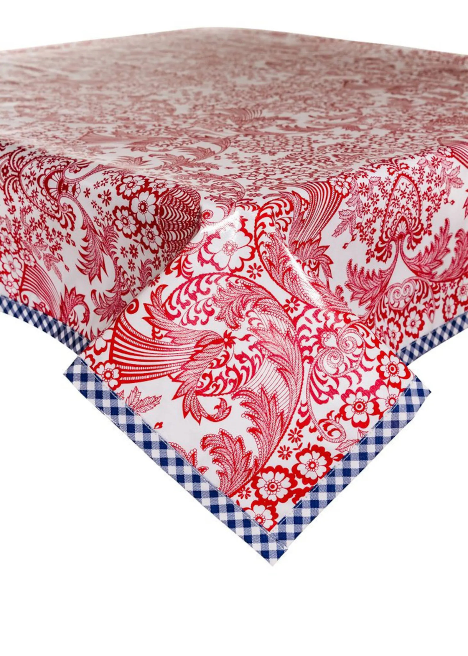 Toile Red with Blue Gingham Trim Square Oilcloth Tablecloth | Etsy (US)