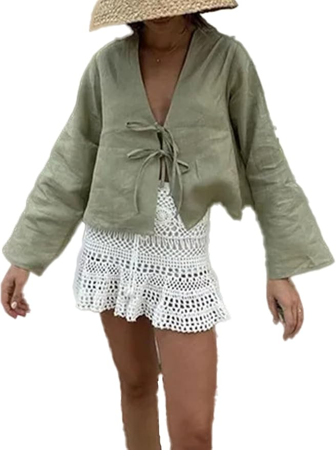 Chvity Tie Front Tops for Women Y2K Linen Shirts Flare Sleeve V Neck Going Out Coquette Clothes C... | Amazon (US)