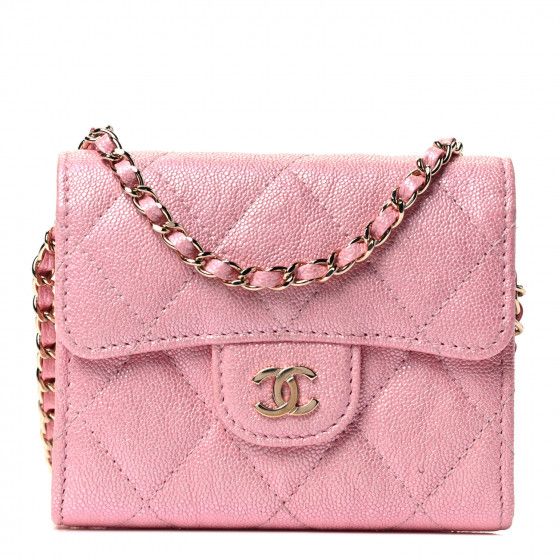 CHANEL Iridescent Caviar Quilted Flap Card Holder On Chain Pink | Fashionphile