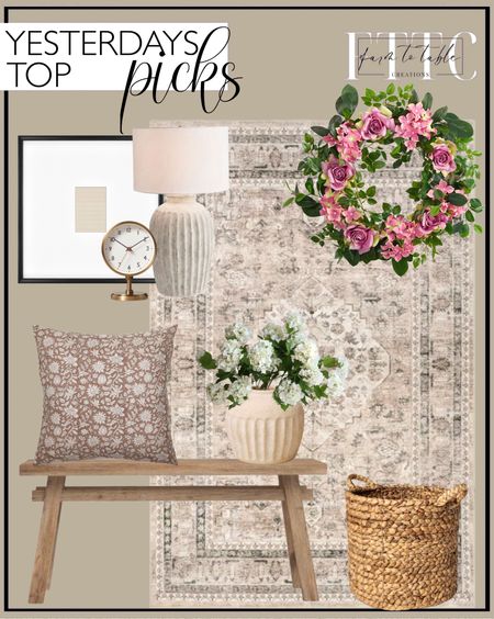 Yesterday’s Top Picks. Follow @farmtotablecreations on Instagram for more inspiration.

Anders Tall Terra cotta table lamp. 22” Pink Hydrangea and Rose Artificial Wreath. Milani Solid Wood Bench. Stone Keyara Spill Proof Washable Area Rug. 13.5" x 14.5" Woven Decorative Basket - Threshold. 21.49" x 21.49" Matted to 5" x 7" Gallery Single Image Frame Black - Threshold designed with Studio McGee. Short Carved Ceramic Vase. 25" Faux Snowball Flower in Cream/Green. ELEANOR NATURAL PILLOW COVER. Brass Pedestal Table Clock Antique Finish - Hearth & Hand with Magnolia. Entryway Decor. Bedroom Finds. Front Porch Inspo  

#LTKsalealert #LTKfindsunder50 #LTKhome