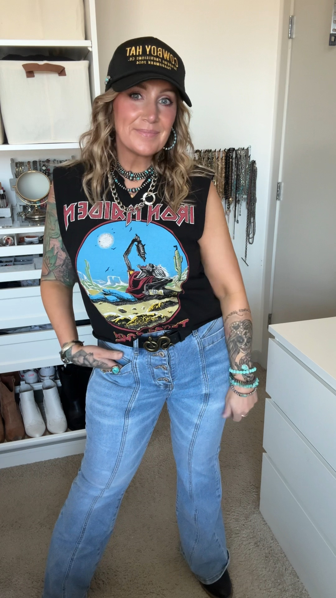 Can’t get enough of these flare jeans!! I now have them in 3 different colors! They have stretch! The lines on the front are perfect to make us shorter gals look like we have legs for days and the flare at the bottom, perfect length for us petites! 
Linking similar in tee and jewelry! 
Hat is from Sand and Charcoal, not able to link! 

#LTKstyletip #LTKfindsunder50 #LTKover40