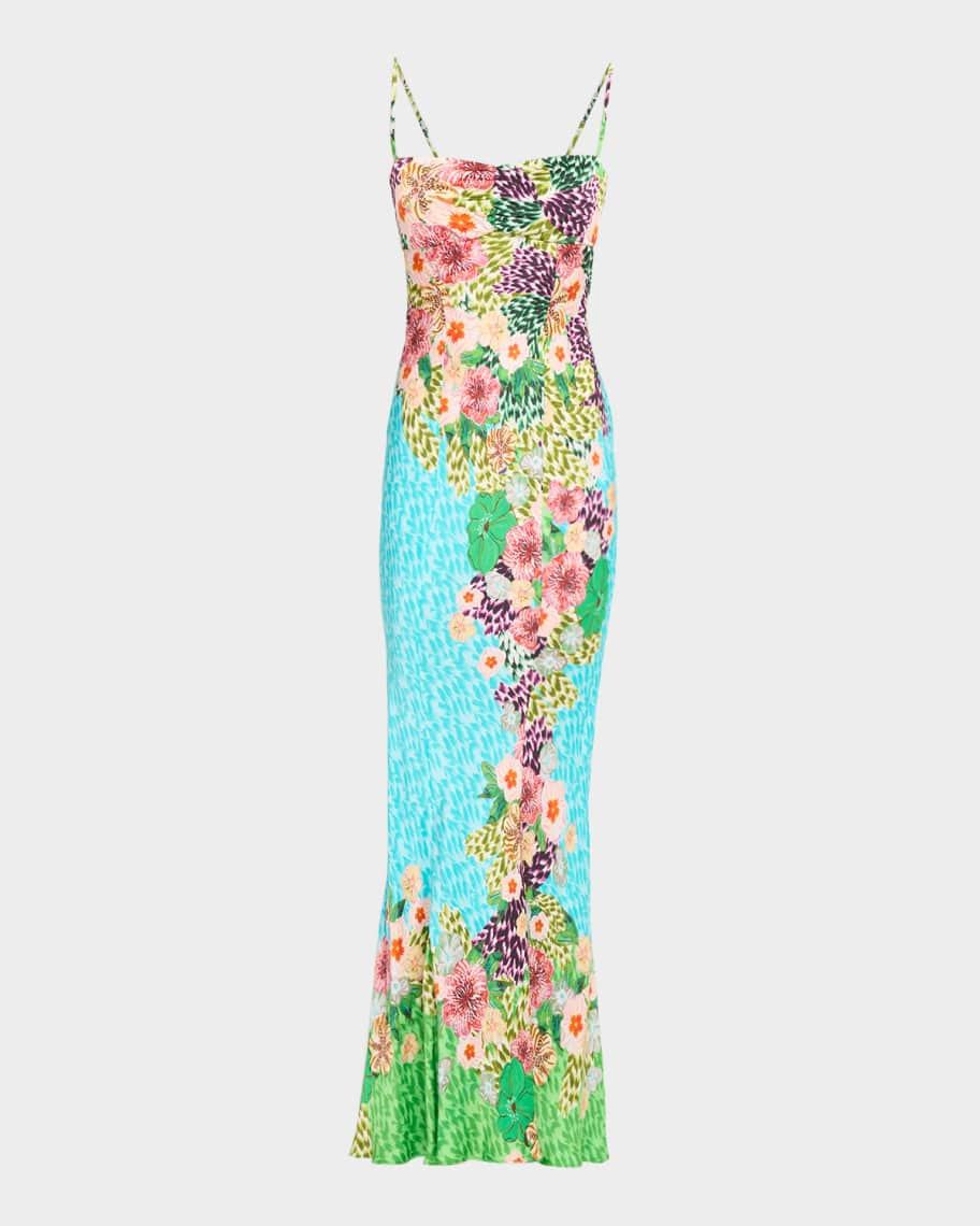 Renee Long Floral Silk Spaghetti-Strap Dress | Neiman Marcus