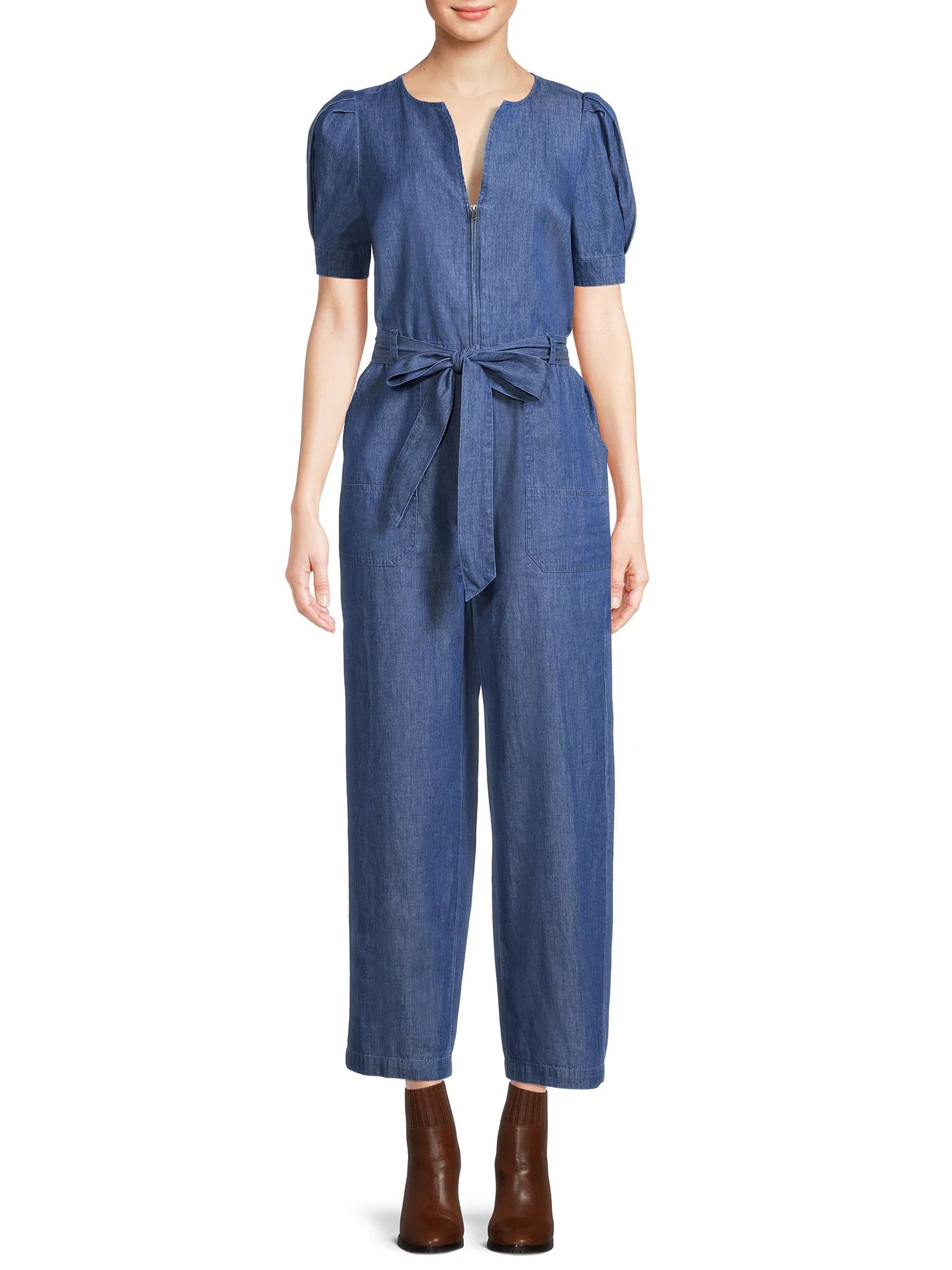 The Get Women's Short Sleeve Zip Front Jumpsuit with Tie | Walmart (US)