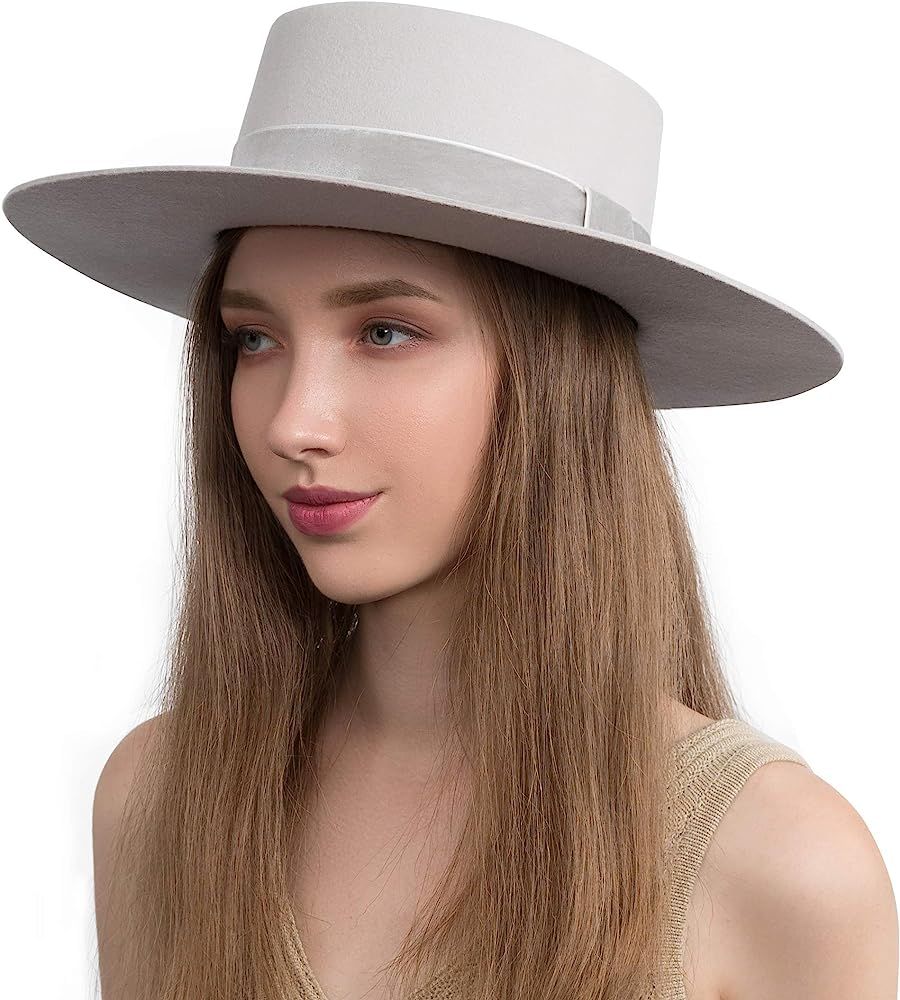 Fedora for Women Wool Felt Boater Hat Flat Top/Pork Pie Style Wide Brim Adjustable Vintage Classi... | Amazon (US)