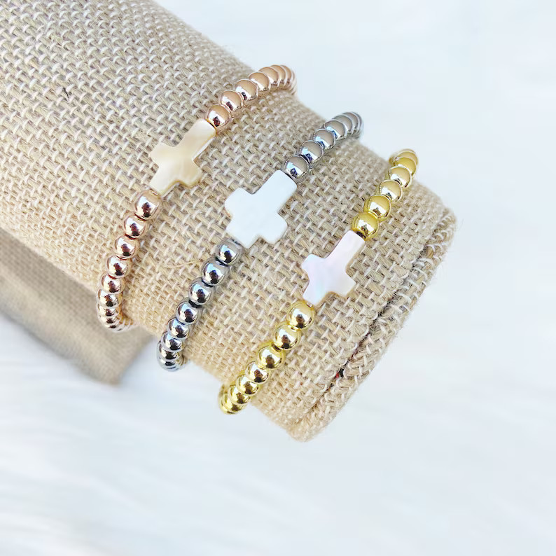 Pearl Shell Cross Bracelet | Cross Bracelet | Cross Accent Bead Bracelet | Jesus Bracelet | Stack... | Etsy (US)