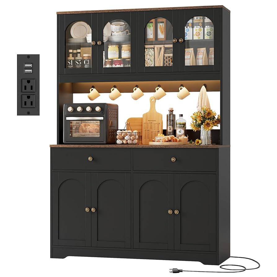 HIFIT 71" LED Kitchen Pantry Cabinet with Power Outlet, Large Kitchen Hutch Storage Cabinet with ... | Amazon (US)
