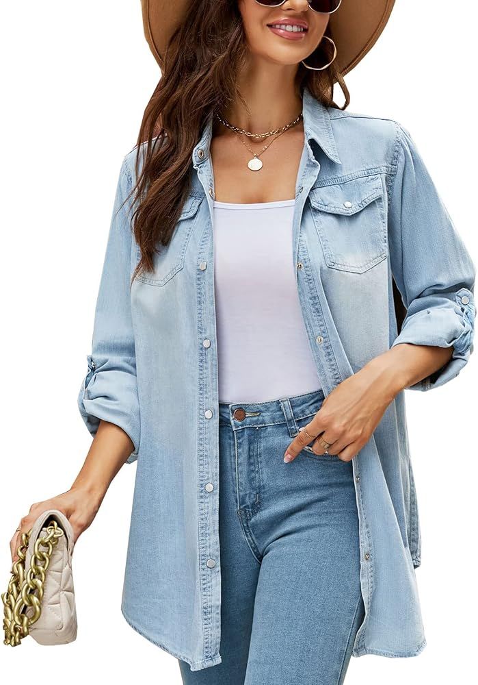 Kedera Womens Button Down Denim Shirt Long Sleeve Roll Up Boyfriend Jean Jacket Shacket | Amazon (US)