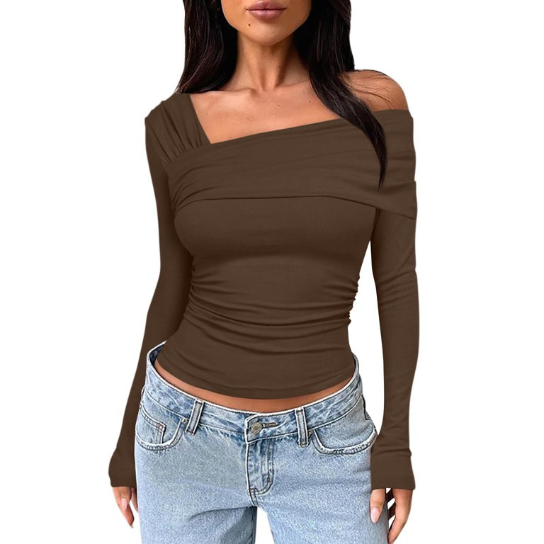 QIJIE Off The Shoulder Top Long Sleeve Going Out Tops Sexy Spring Ruched Slim Fitted Shirt Asymme... | Walmart (US)