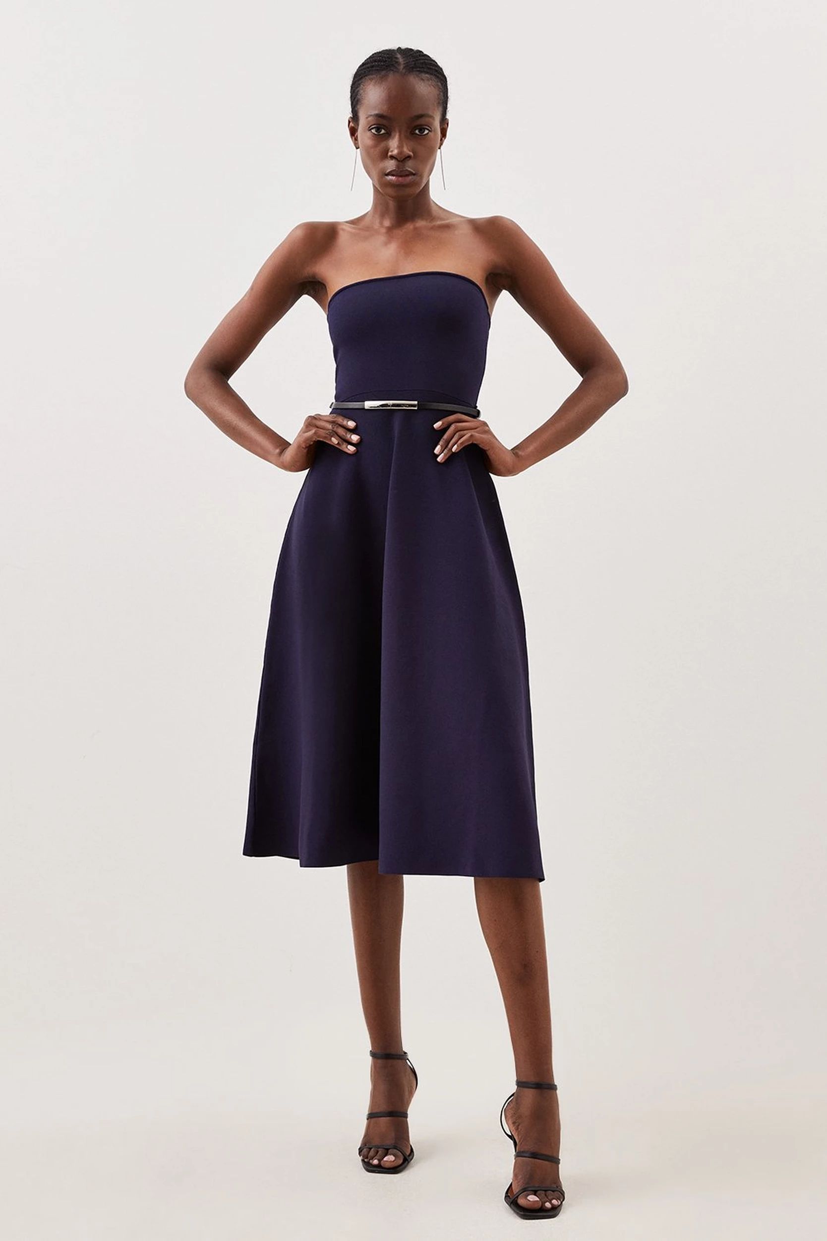 Premium Viscose Blend Body Contouring Belted Full Skirt Bandeau Knit Dress | Karen Millen UK + IE + DE + NL
