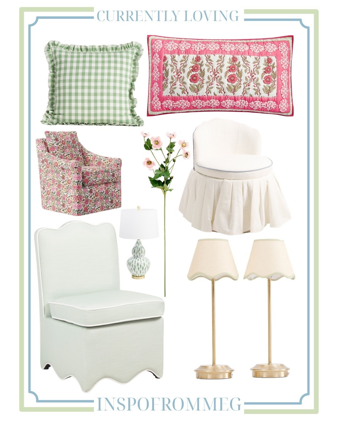 Currently loving soft pastels, feminine silhouettes, and classic charm 💚🌸
This edit is full of my favorite gingham pillows, floral prints, scalloped furniture, skirted chairs, accent seating, and statement lamps—perfect for creating a romantic, traditional, and cozy home aesthetic. I’m obsessed with the mix of green and pink decor, vintage-inspired patterns, pleated details, and timeless textures that make any space feel warm, curated, and elevated.

Perfect for living room decor, bedroom accents, reading nooks, apartment styling, and classic home refreshes ✨
Shop all my currently loving home decor, accent chairs, throw pillows, lamps, and decorative accents linked here 🤍

#LTKU #LTKFindsUnder100 #LTKHome