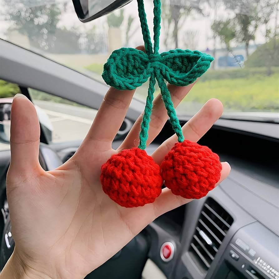 Car Rear View Mirror Hanging Accessory, Cute Cherry Car Accessories, Crochet Car Decor, Hand Knit... | Amazon (US)
