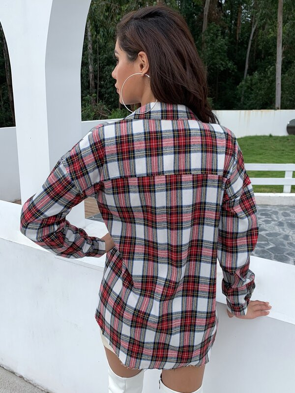 Eilly Bazar Tartan Flap Pocket Drop Shoulder Blouse | SHEIN