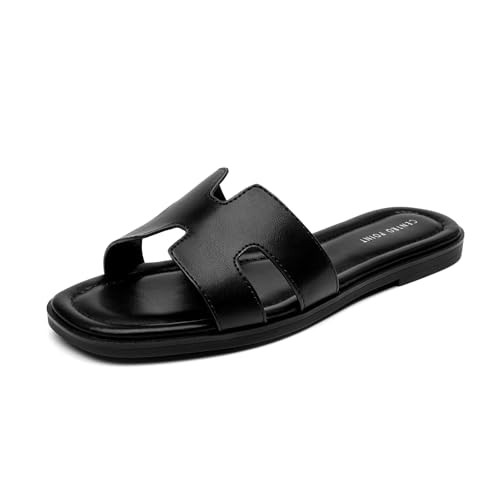 CentroPoint Women's Pearl Flat Sandals Square Toe Slides Slip On Casual Summer Shoes (Black PU, Numeric_9) | Amazon (US)