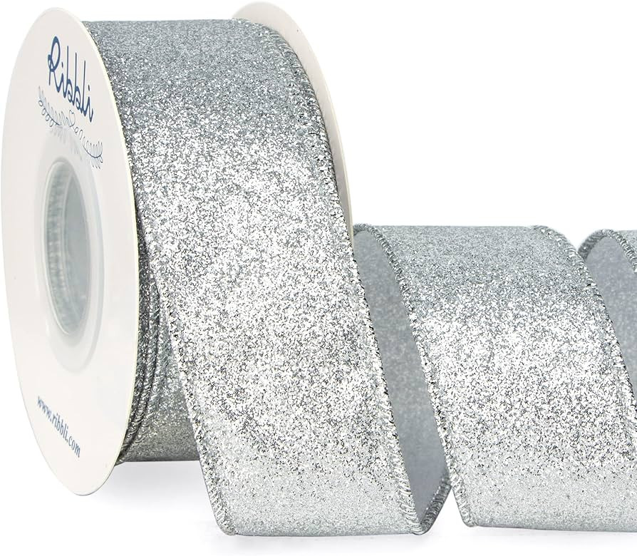 Ribbli Silver Glitter Wired Ribbon,Silver Ribbon with Metallic Edge,Christmas Ribbon for Wreath, ... | Amazon (US)