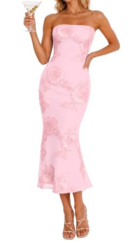 Women's Strapless Floral Summer Midi Dress Formal Dresses Pink M | Amazon (US)