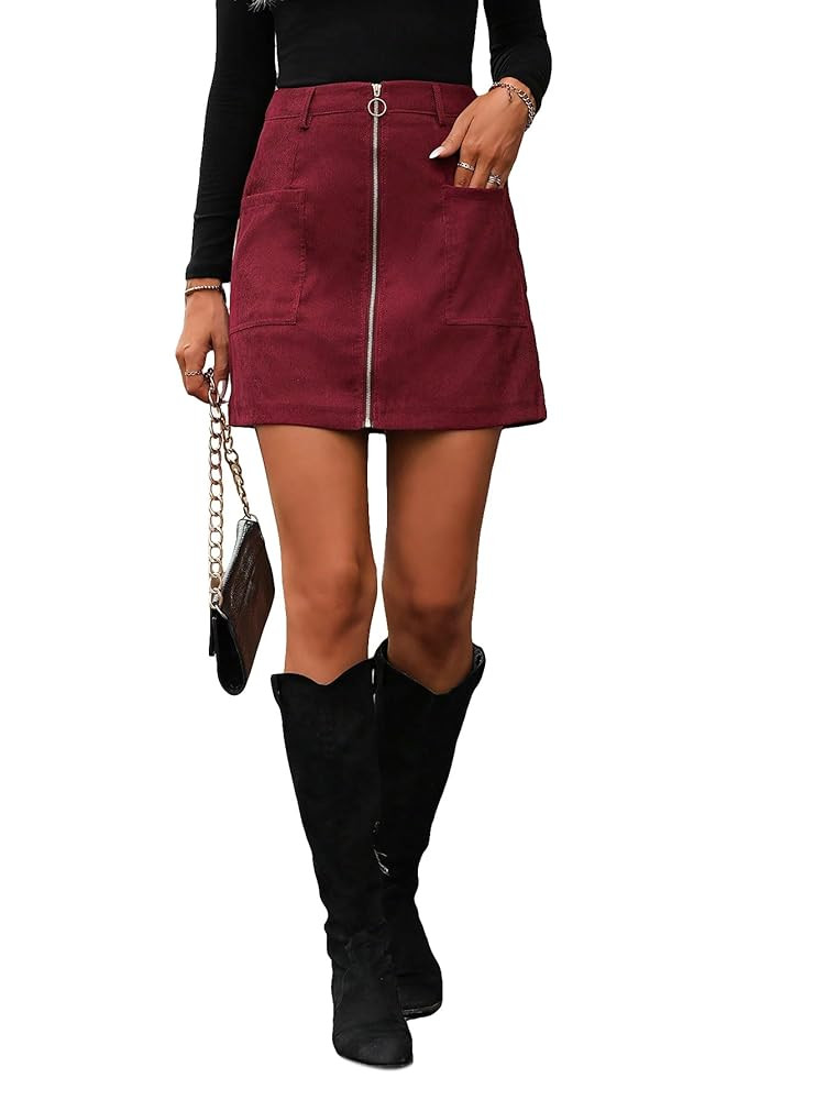 OYOANGLE Women's Corduroy High Waisted Zipper Pocket Front Work Straight Mini Skirts | Amazon (US)