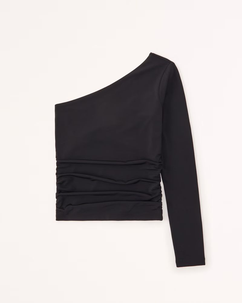 Long-Sleeve Slinky Jersey Asymmetrical Ruched Top | Abercrombie & Fitch (US)