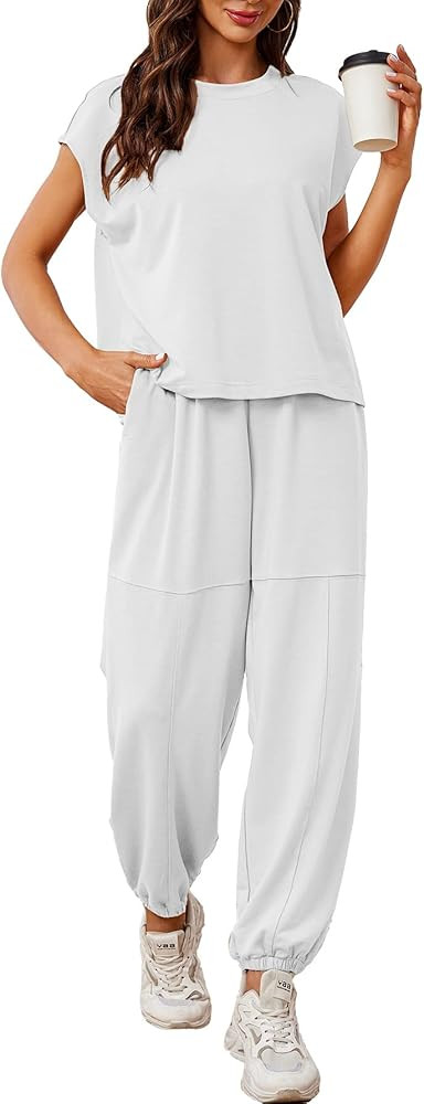 Glamaker Women's 2 Piece Outfits Fashion Sleeveless Crewneck Sweatsuits Loose Fit Top High Waist ... | Amazon (US)
