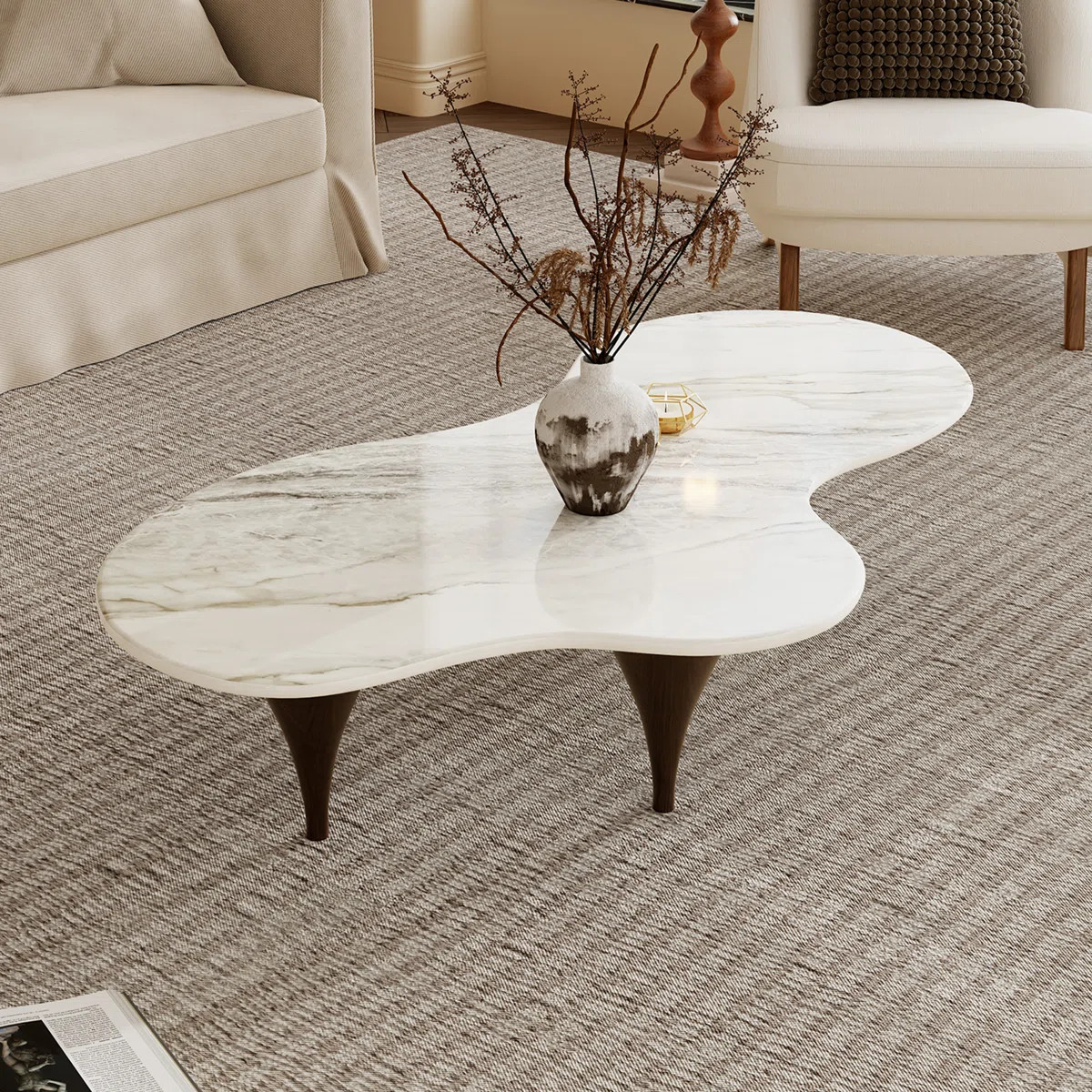55“ Modern Glossy Sintered Stone Coffee Table with 3 Carbon Wood Legs, White Living Room Table | Wayfair North America