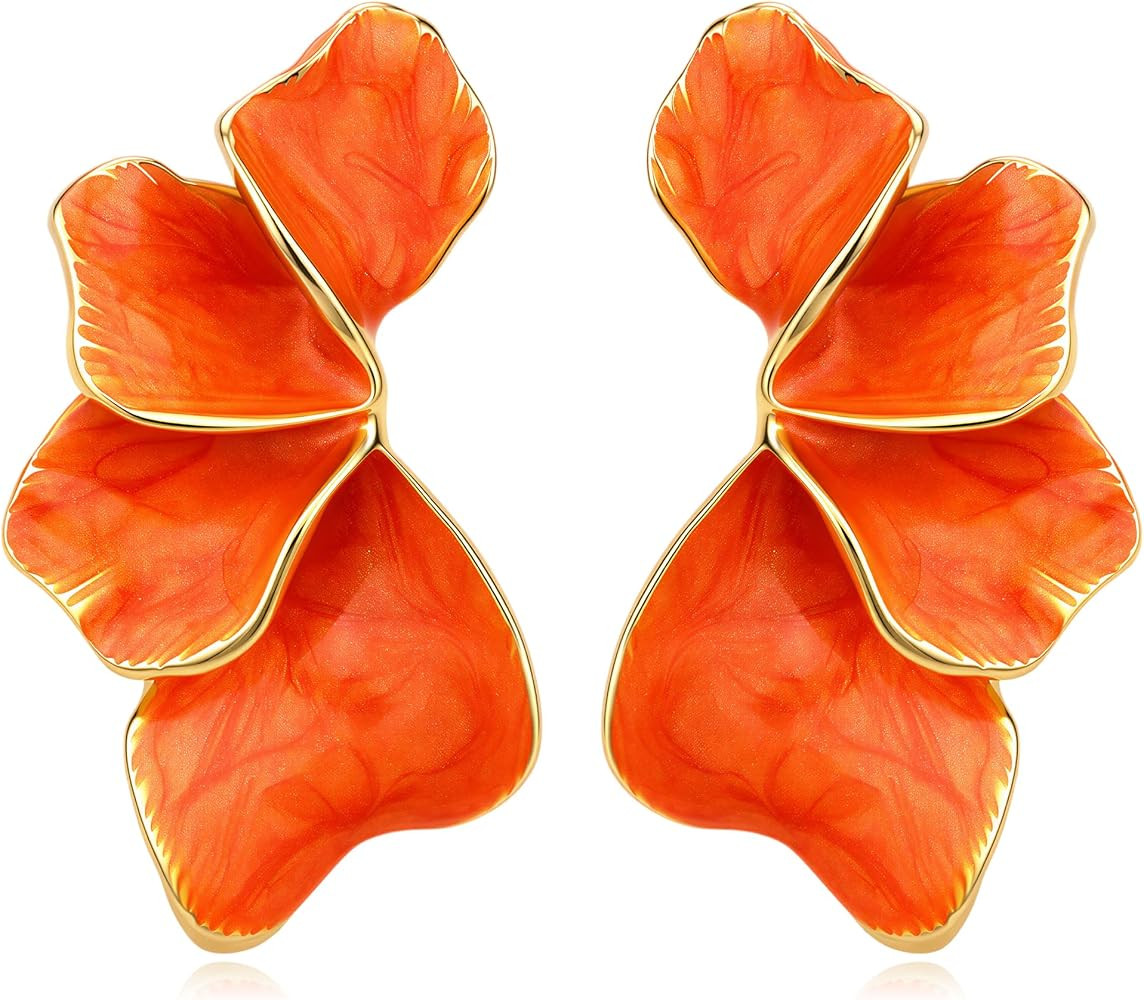 Flower Leaf Dangle Stud Earrings for Women, Trendy Hypoallergenic Gold Plated Handmade Enamel Tro... | Amazon (US)
