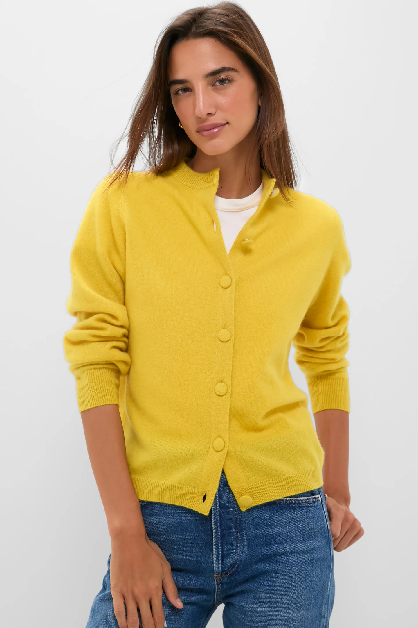 Chartreuse Cashmere Covered Button Quinn Cardigan | Tuckernuck (US)