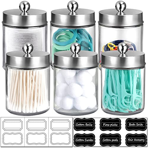 Amolliar 6Pc Apothecary Jars Bathroom Vanity Organizer- Rustic Farmhouse Decor Storage Canister&Stainless Steel Lids- Qtip Dispenser for Q-Tips,Cotton Swabs,Rounds,Ball,Flossers (Brushed Nickel) | Amazon (US)