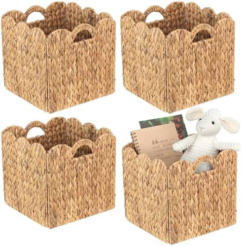 Set of 4 Foldable Scalloped Water Hyacinth Storage Cubes Basket, Storage Cube Bins -12"x12"x12", ... | Amazon (US)