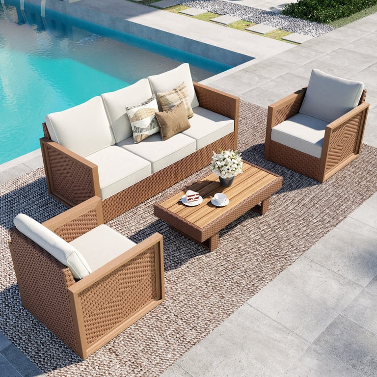 MF Studio 4-Piece HDPE Outdoor Patio Furniture Set, Wicker Outdoor Patio Conversation Set with Wo... | Walmart (US)