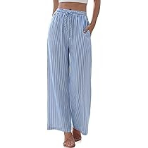 TARSE Womens Linen Striped Gingham Wide Leg Pants Palazzo Drawstring Elastic Waist Lounge Pajama ... | Amazon (US)