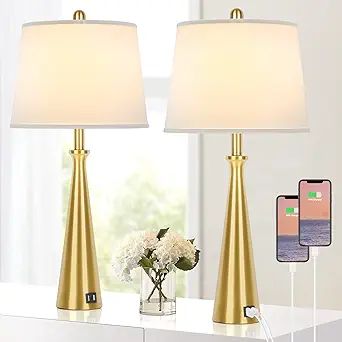 Table Lamps Set of 2 with 2 USB Charging Ports, Gold Beside Lamp with Rotary Switch, 26.4” Tall... | Amazon (US)