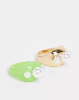 ASOS DESIGN pack of 2 plastic rings with pearls in mixed colors | ASOS (Global)