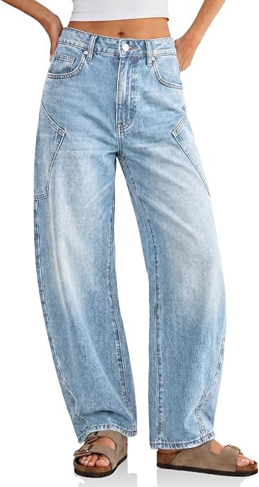 Womens Baggy Barrel Jeans Raw High Waisted Wide Leg Denim Pants | Amazon (US)