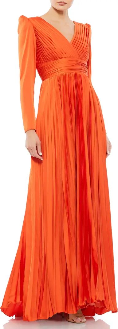 Long Sleeve Pleated Chiffon A-Line Gown | Nordstrom
