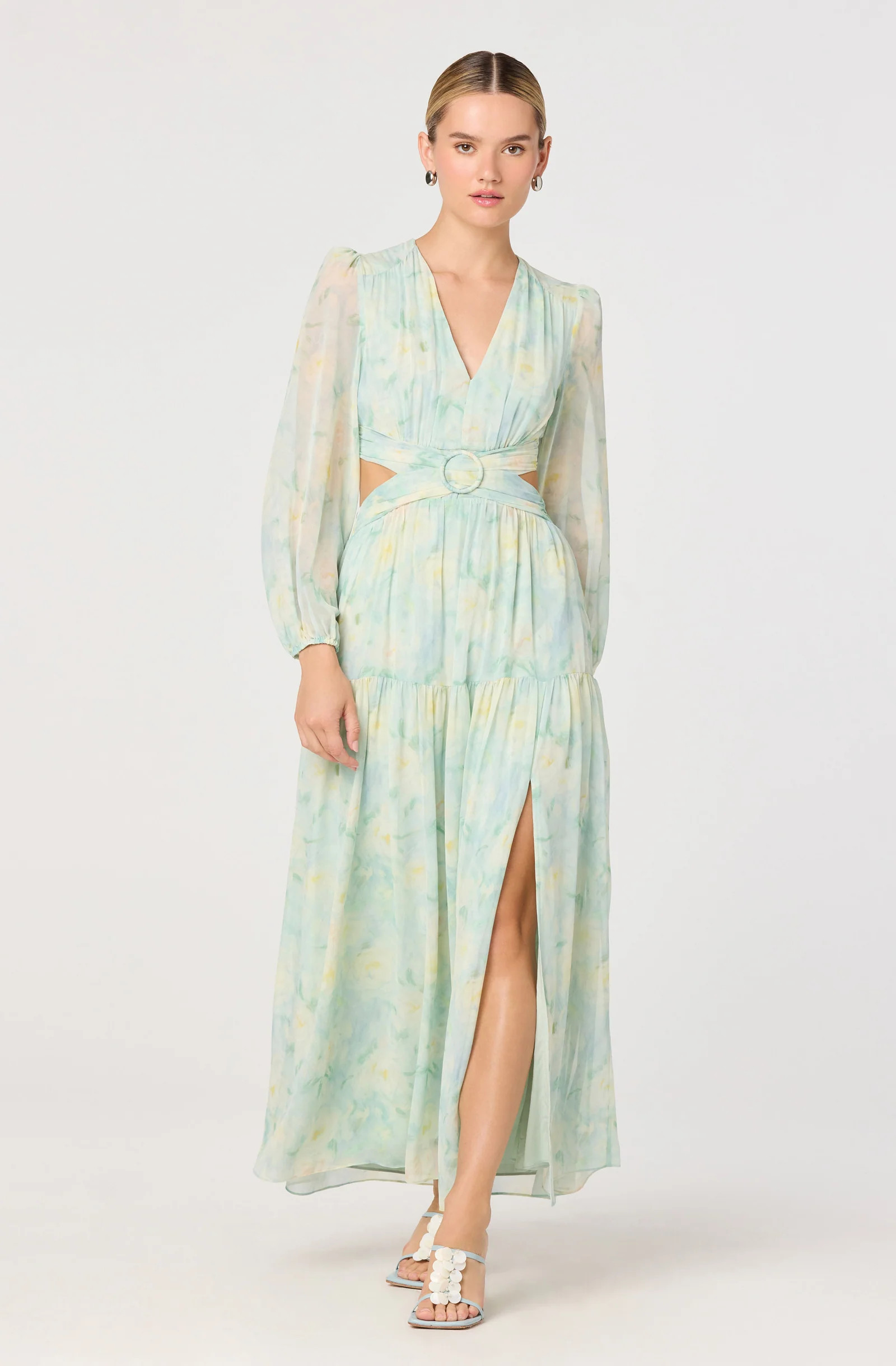 Klarissa Floral Cutout Balloon Sleeve Maxi Dress - Seafoam floral / XS | ASTR The Label (US)