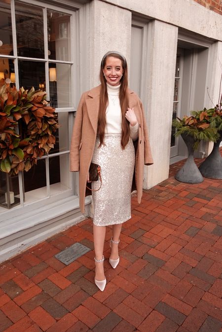 Winter party outfit! My sparkly heels are on major sale on amazon and would make a great wedding shoe! 
.
Wedding guest outfit New Year’s Eve sequined skirt amazon finds bridal wedding heels layering camel coat 

#LTKsalealert #LTKwedding #LTKparties
