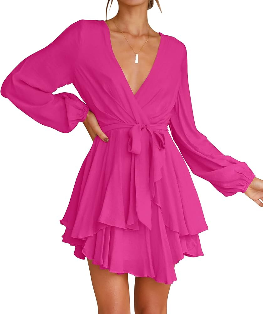 ZESICA Women's Casual V Neck Dress Long Sleeve Wrap Tie Waist Ruffle Hem Cocktail Wedding Party S... | Amazon (US)