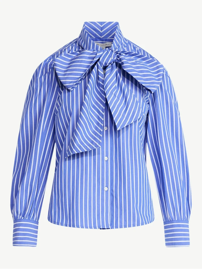 Free Assembly Women's Cotton Tie Neck Blouse with Long Puff Sleeves, Sizes XS-XXL | Walmart (US)