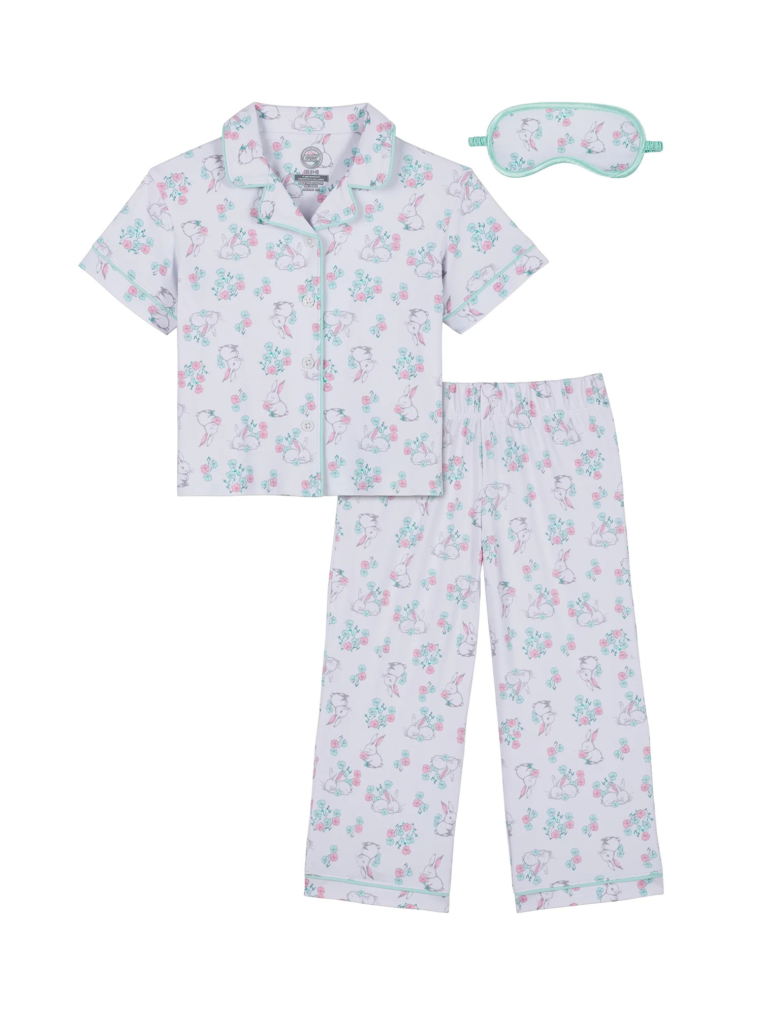 Wonder Nation Girls Short Sleeve Button Front Pajama Top and Pants Set with Eyemask, 3-Piece, Siz... | Walmart (US)