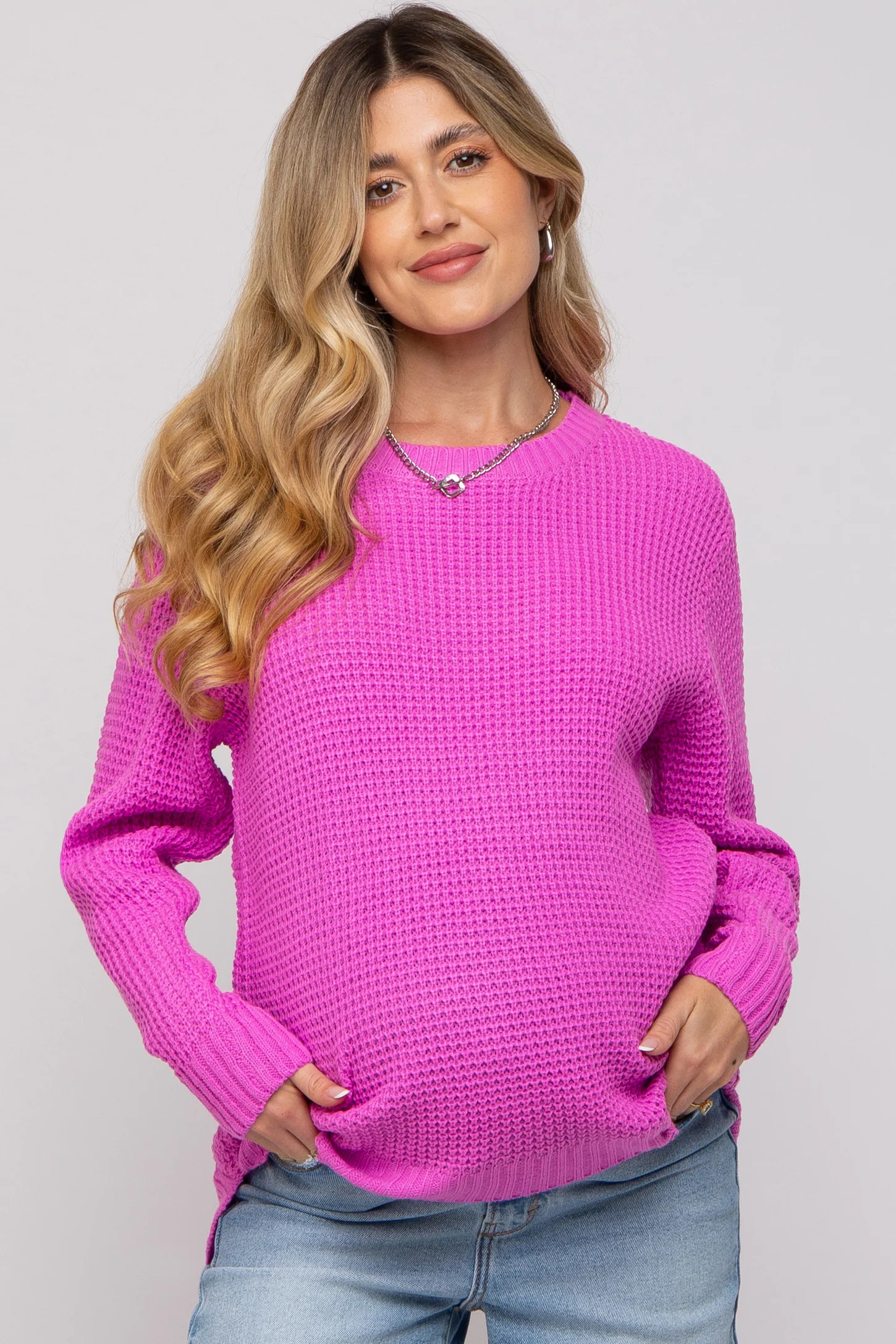 Pink Waffle Knit Round Hem Maternity Sweater | PinkBlush Maternity
