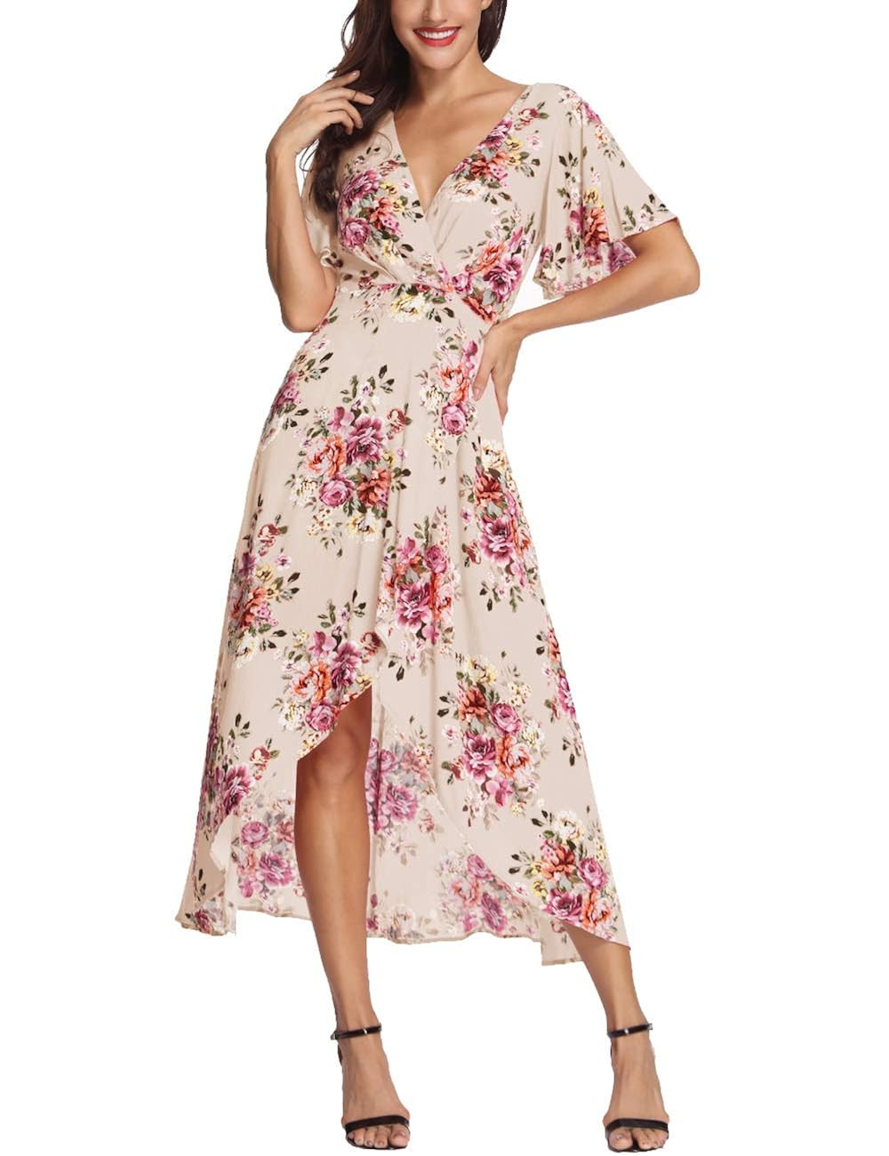Azalosie Wrap Maxi Dress Short Sleeve V Neck Floral Flowy Front Slit High Low Women Summer Beach ... | Amazon (US)