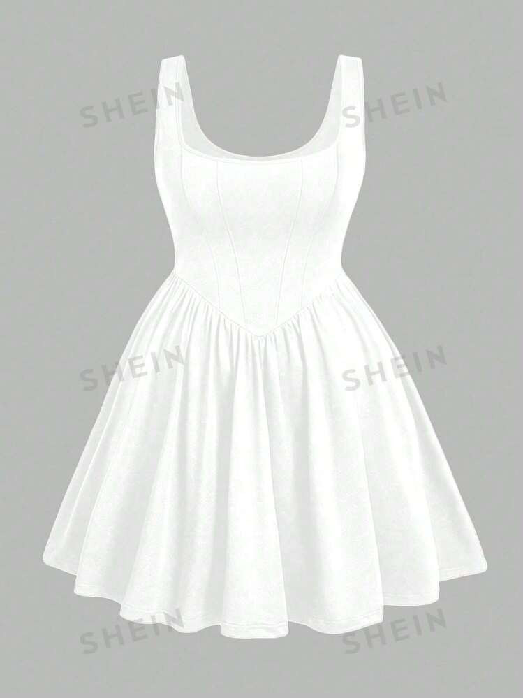 SHEIN MOD Plus Size Plain Wide Strap Ruched Simple Casual Dress | SHEIN