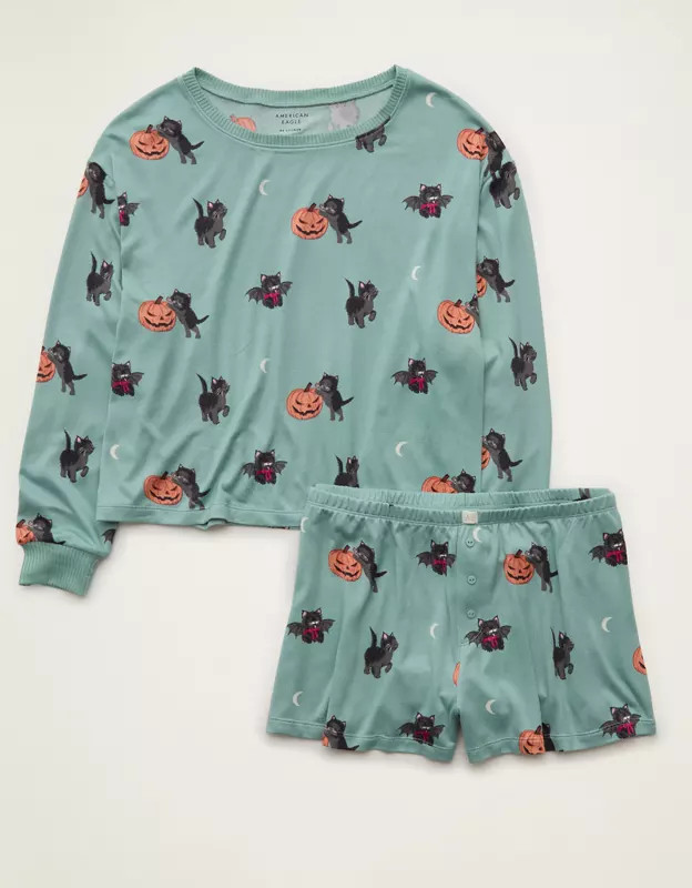 AE Luxe Plush Long Sleeve + Short PJ Set | American Eagle Outfitters (US & CA)