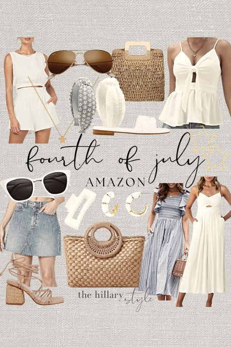 Fourth of July Fashion from Amazon: Neutrals, White, Denim & Chambray fashion for the 4th. White dress, chambray dress, matching set, denim skirt, white top, straw bag, beach bag, straw tote, white sunglasses, gold aviators, white hoops, gold jewelry, strappy sandals, white slide sandals, gold star jewelry. Summer fashion, 4th of July outfit, summer outfits. #founditonamazon

#LTKFind #LTKstyletip #LTKSeasonal