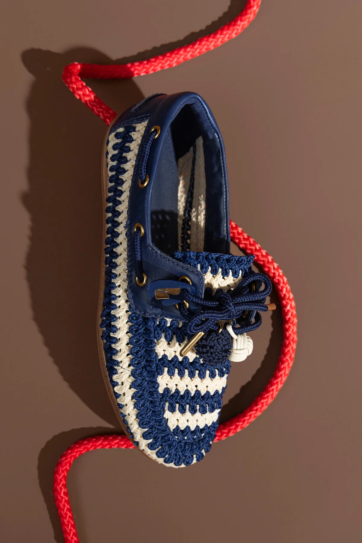 Cyprus Crochet Boat Shoe In Navy and Ivory Crochet and Navy Leather | Larroude