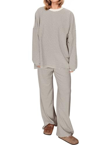OLAPTA Women Striped 2 Piece Lounge Sets Oversized Tee Tops Wide Leg Pants Matching Outfits Fall Loungewear Pajama Sets(meidum,Brown) | Amazon (US)