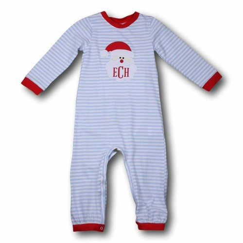 Blue Stripe Knit Santa Face Long Romper | Cecil and Lou