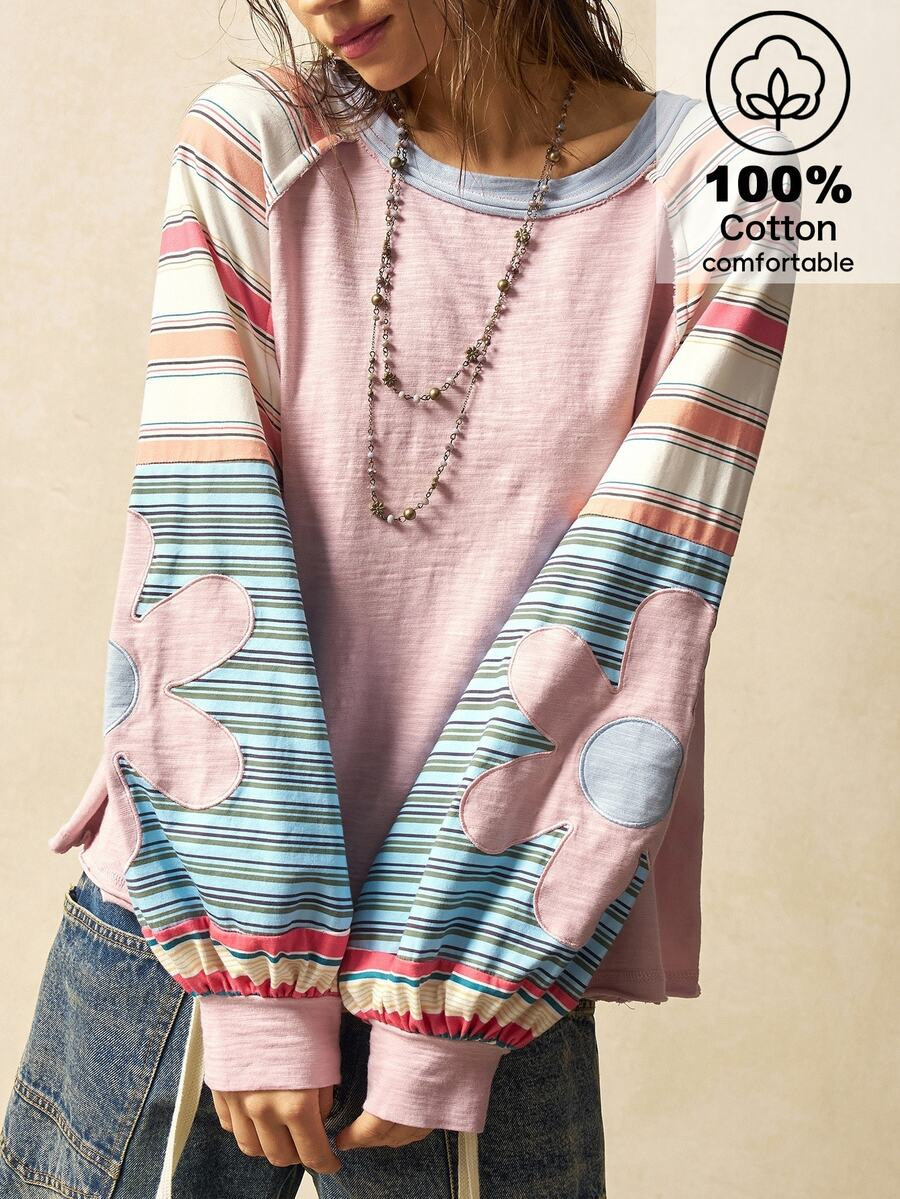 Bohemela Casual Knit Color Block Round Neck Loose Fit Long Sleeve Sweatshirt For Women In Fall/Wi... | SHEIN