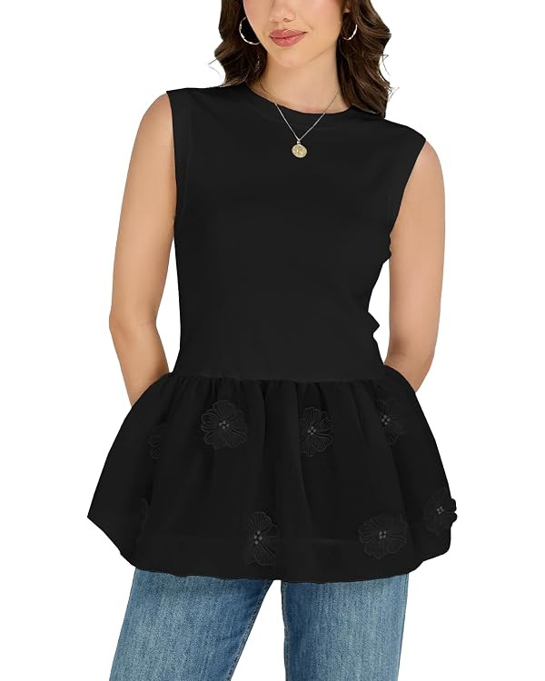 Women's Lace Tank Tops Pearls Embellished Crewneck Sleeveless Peplum Mesh Patchwork Tulle Hem Ves... | Amazon (US)