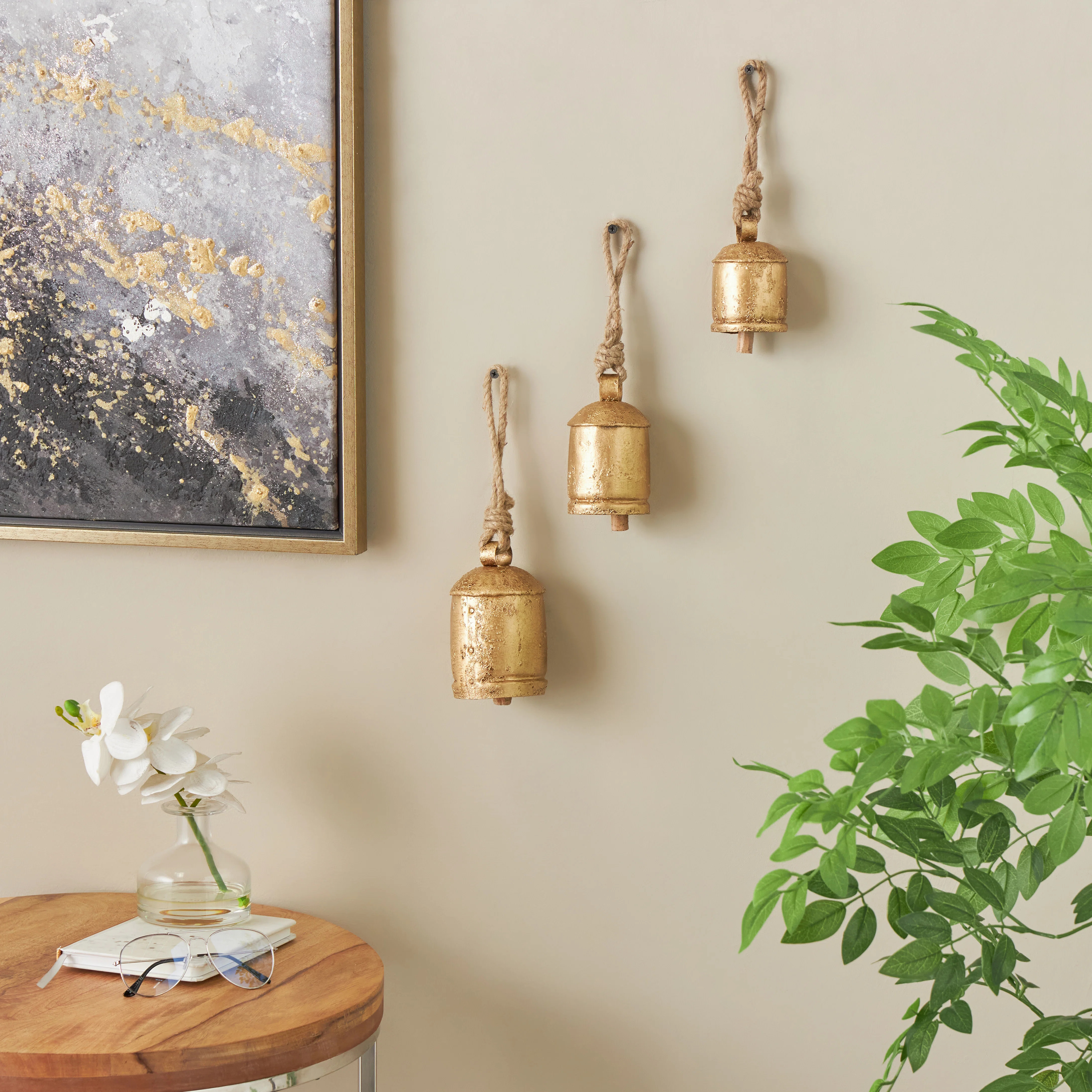 Cole & Grey Cole And Grey Metal Cluster Indoor Outdoor Gold Decorative Cow Bells With Jute Hangin... | Wayfair North America